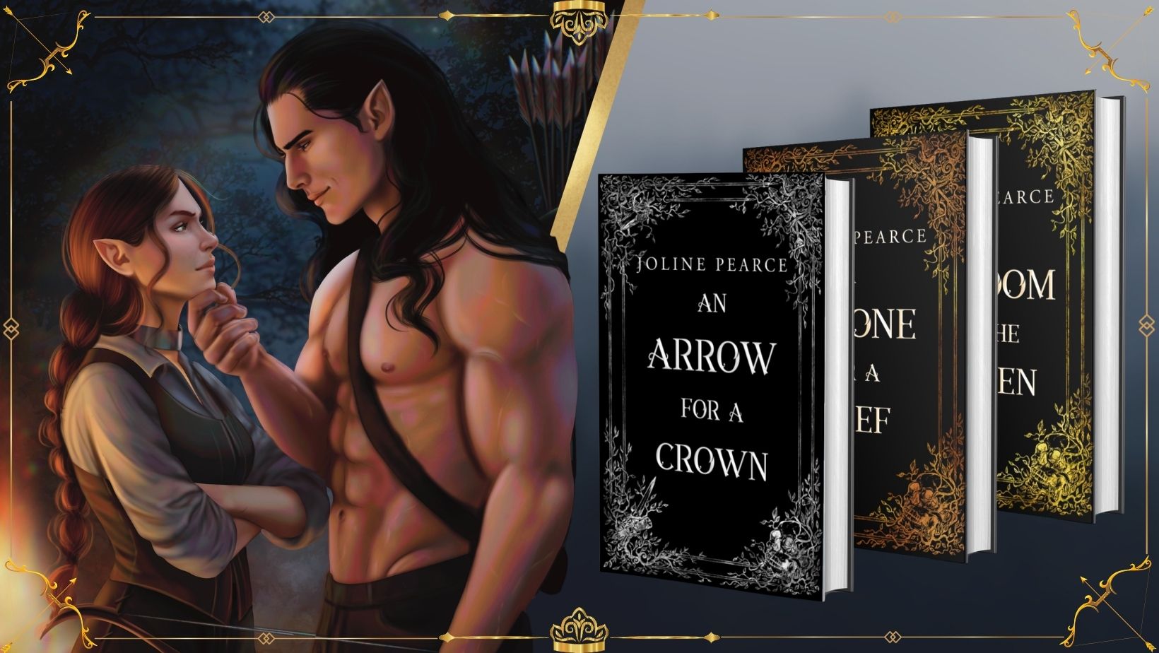 character art depicting Joline's original characters and 3 book covers for her upcoming trilogy.