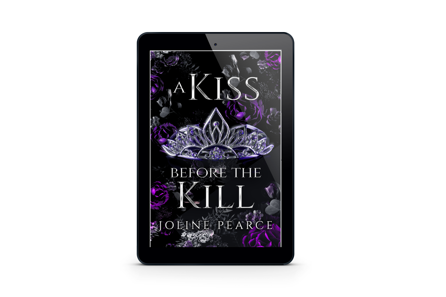a purple silver and black ebook cover with a crown on it saying A Kiss before the kill.