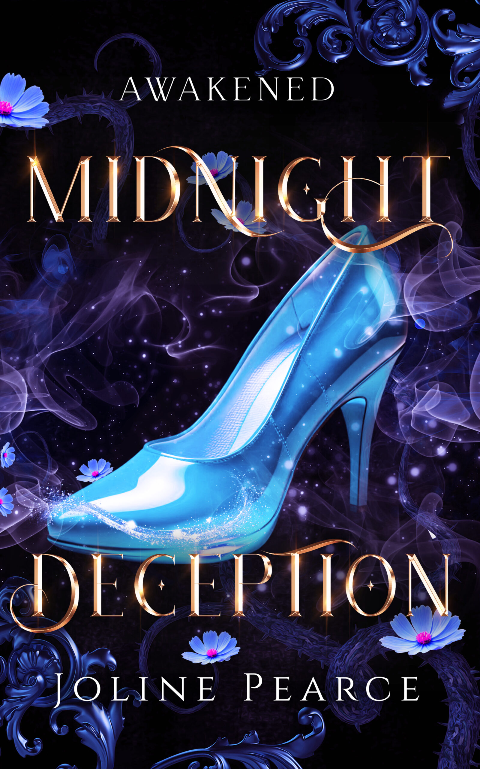 Cover image of Midnight Deception showing a blue slipper against a navy and violet background with gold lettering.